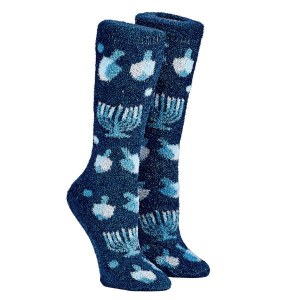 Picture of Chanukah Cozy Slipper Socks for Adults Blue Menorahs and Dreidels Design